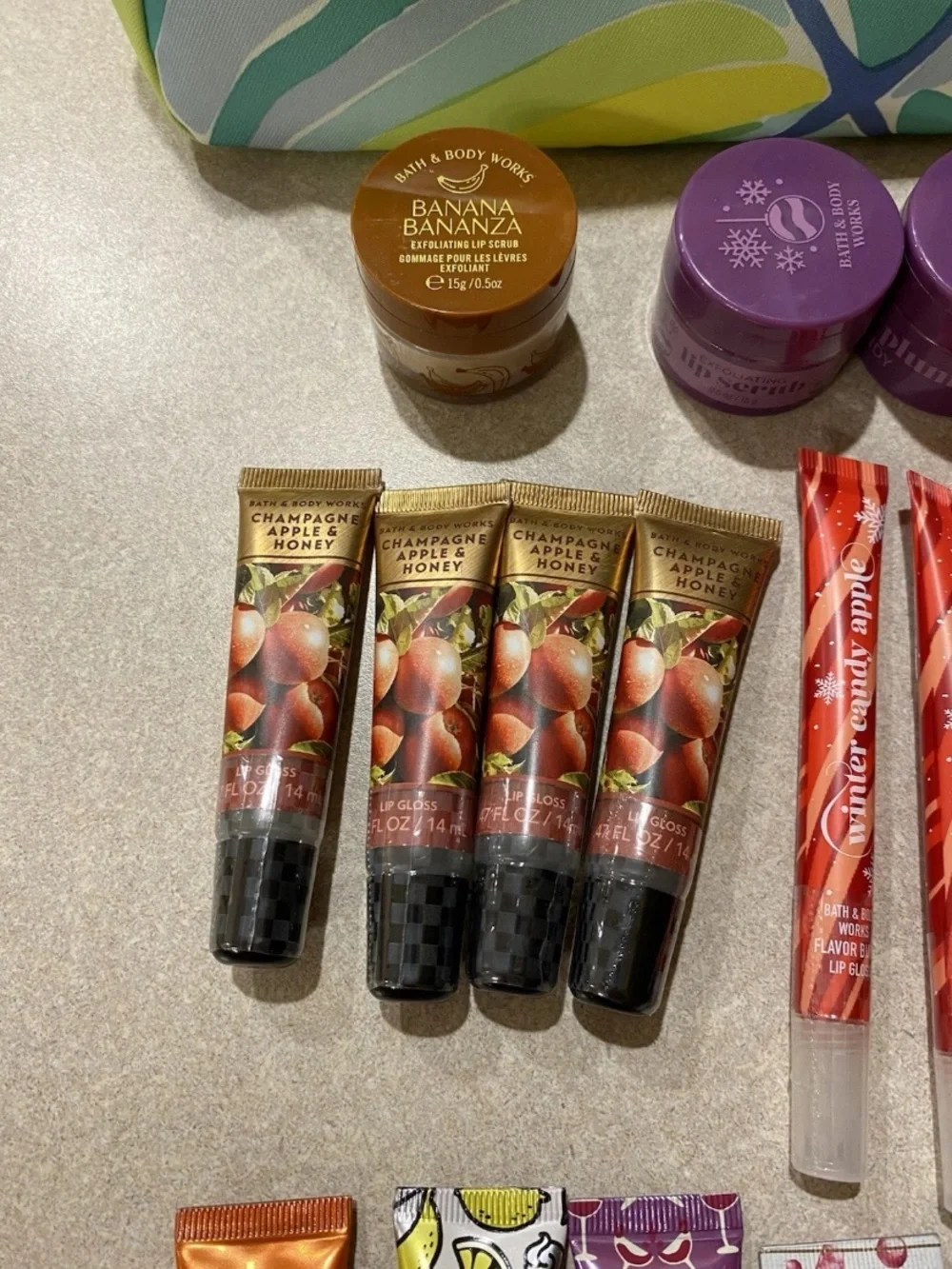 Large Bath and Body Works Lip Gloss and Lip Scrub Lot New Sealed W/Bonus Bag